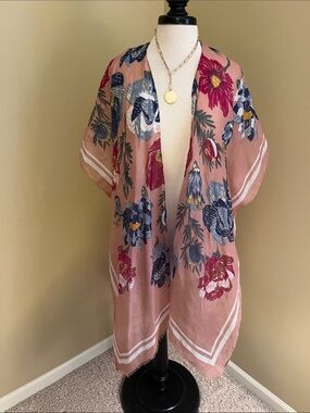 Woven Heart Pink Floral Sheer Cover-Up with Navy & Gold Accents